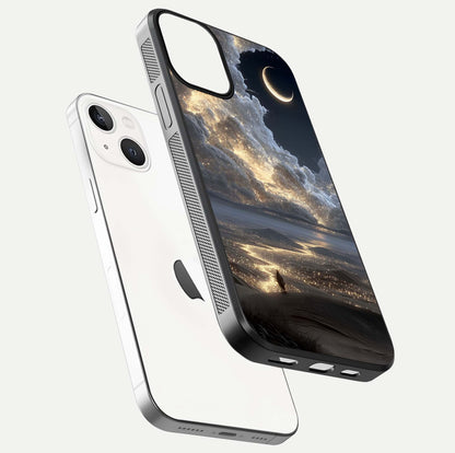 Moonlight Spark Path Glass Case for iPhone 13 floating dual-view mockup showing gloss finish and shine depth