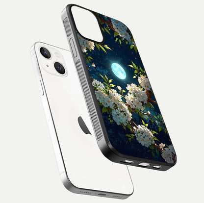 Moonlit Blossom Dream Glass Case for iPhone 13 floating dual-view mockup showing gloss texture and floral tone