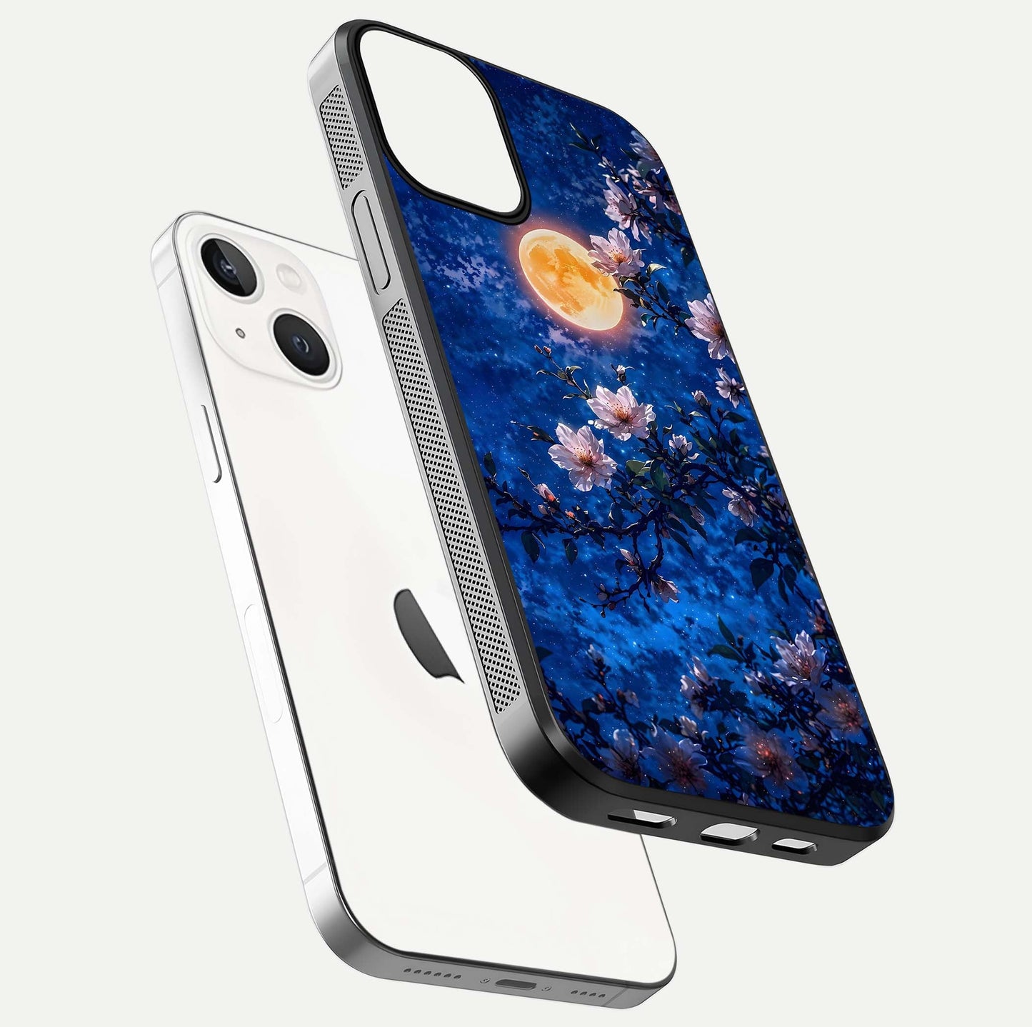 Moonlit Blossoms Night Glass Case for iPhone 13 floating dual-view mockup showing HD gloss and floral contrast