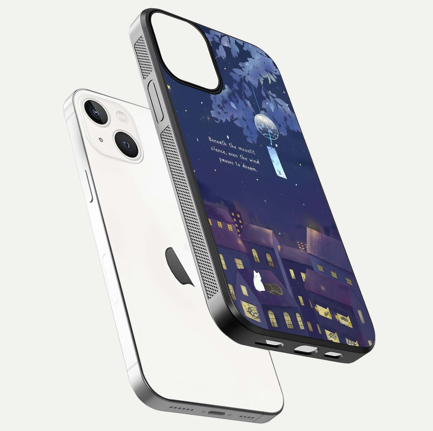 Moonlit Cat Silence Glass Case for iPhone 13 floating dual-view mockup showing gloss reflection and moon art