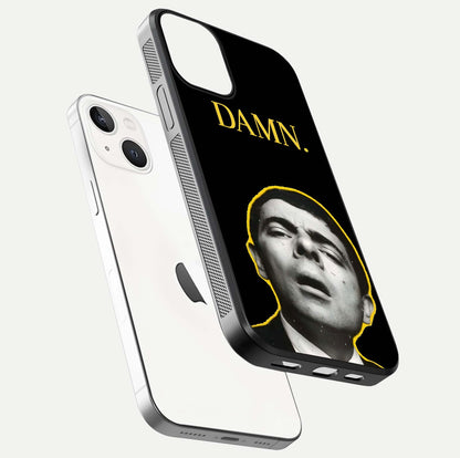 Mr Bean Damn Glass Case for iPhone 13 floating dual-view mockup showing reflective gloss and vivid tones