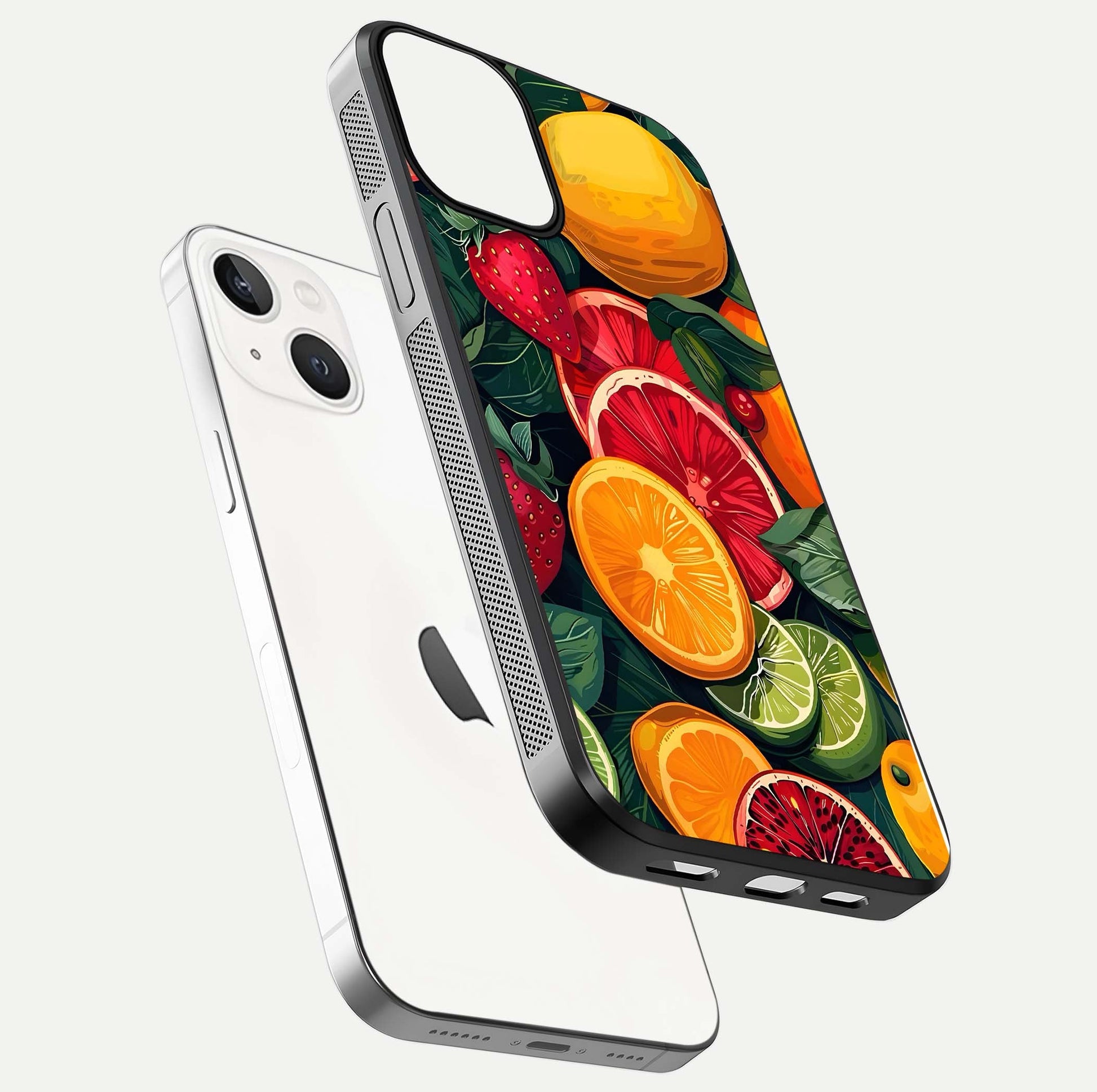 Multiple Fruits Glass Case for iPhone 13 floating dual-view mockup showing reflection depth and freshness