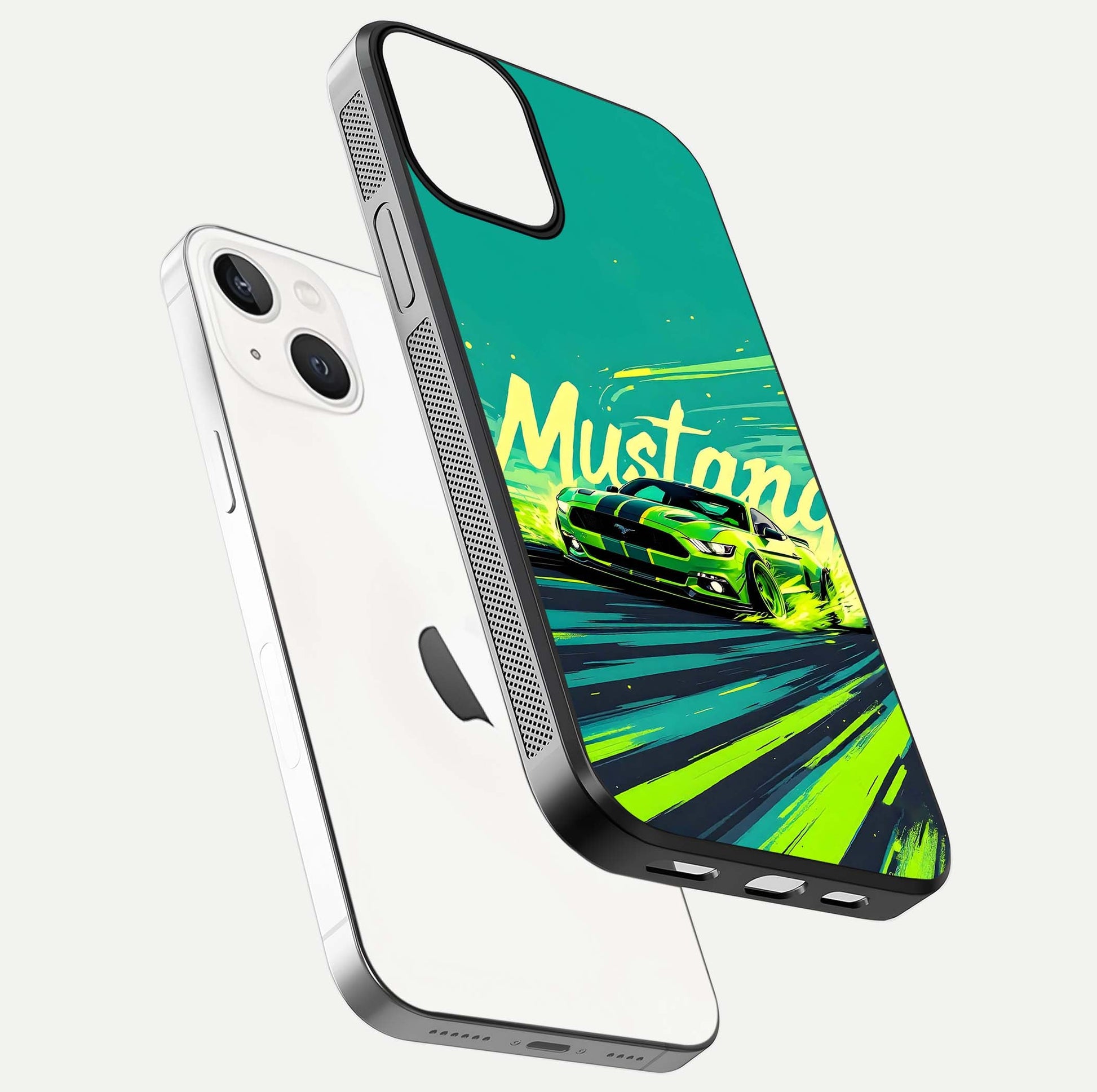Mustang Bang Glass Case for iPhone 13 floating dual-view mockup showing gloss depth and power design