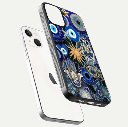 Mystic Blue Evil Eye Glass Case for iPhone 13 floating dual-view mockup showing gloss depth and sacred symbol