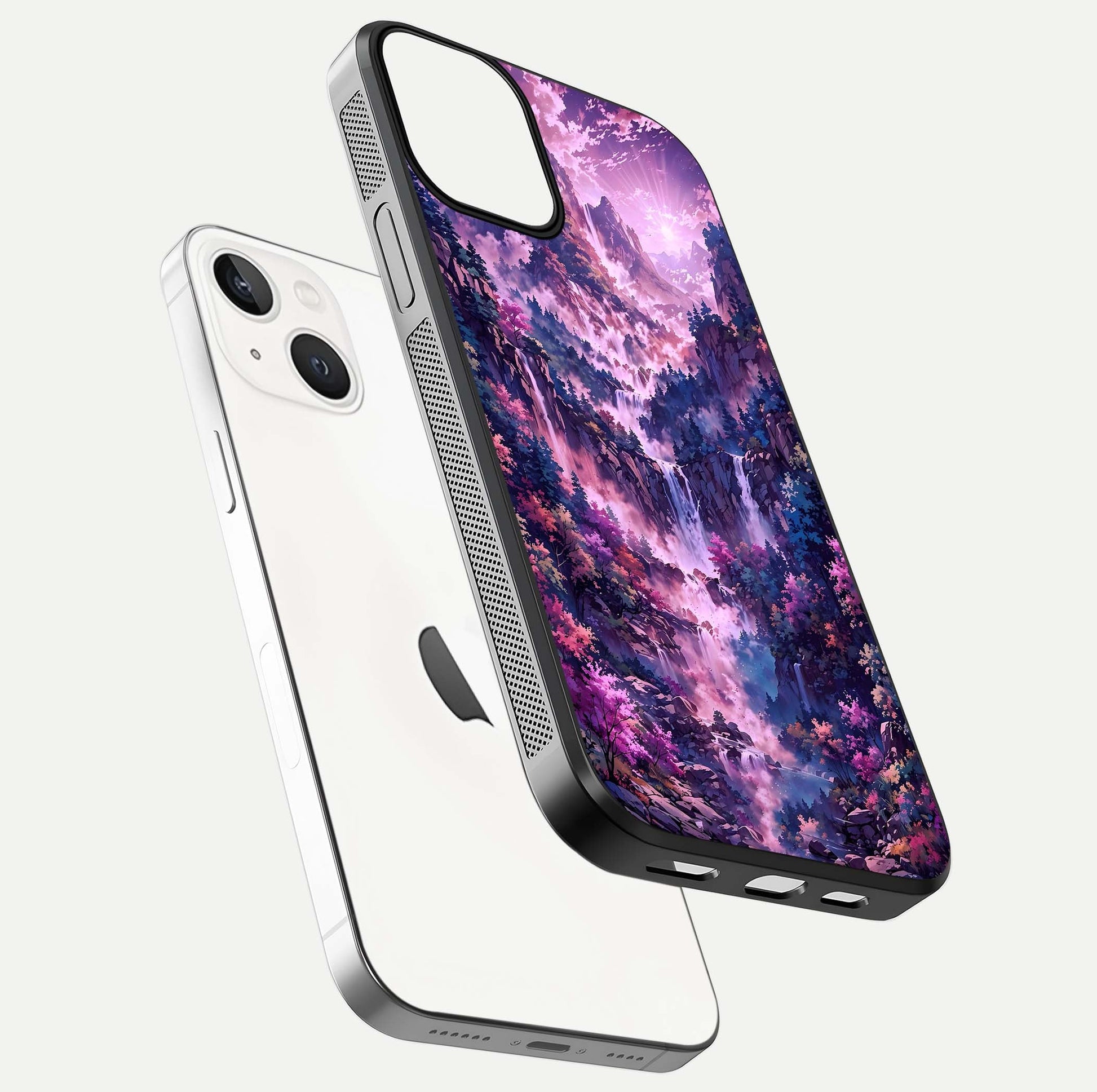 Mystic Cascade Peaks Glass Case for iPhone 13 floating dual-view mockup showing gloss texture and depth