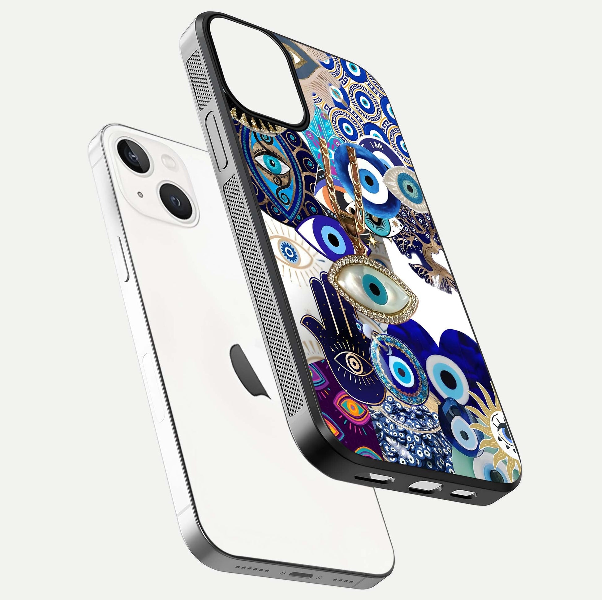 Mystic Charm Eye Glass Case for iPhone 13 floating dual-view mockup showing gloss glow and charm symbol