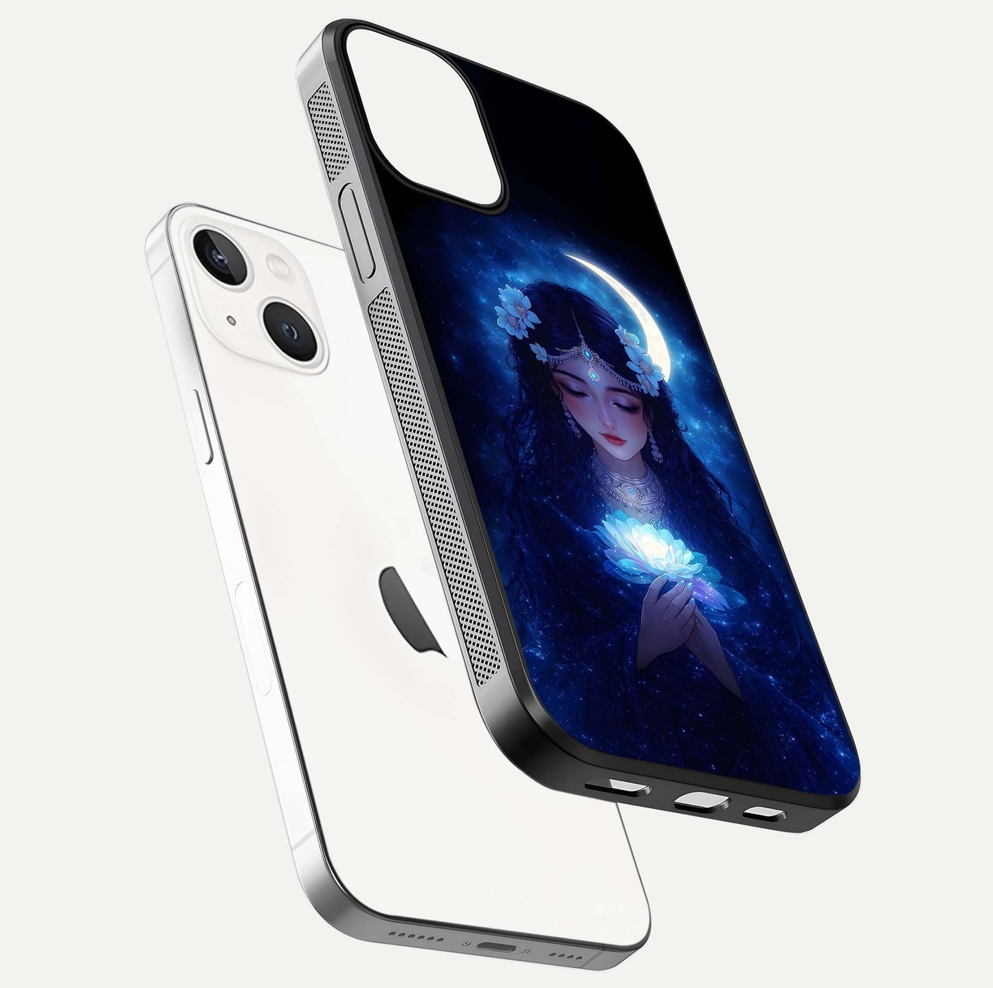 Mystic Moon Queen Glass Case for iPhone 13 floating dual-view mockup showing HD gloss and cosmic glow