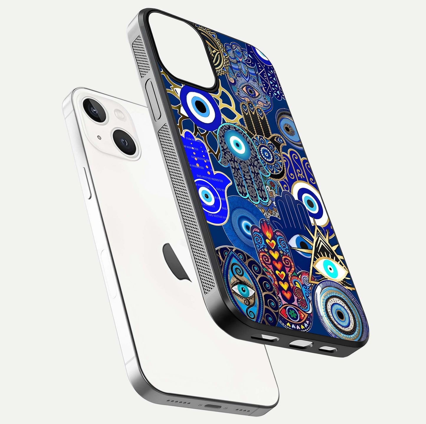 Mystic Palm Guard Glass Case for iPhone 13 floating dual-view mockup showing HD reflection and vivid tone