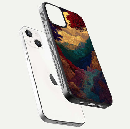 Mystic Valley Light Glass Case for iPhone 13 floating dual-view mockup showing HD gloss and light blend