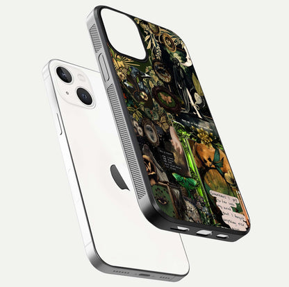 Mystic Woods Secret Glass Case for iPhone 13 floating dual-view mockup showing HD shine and depth