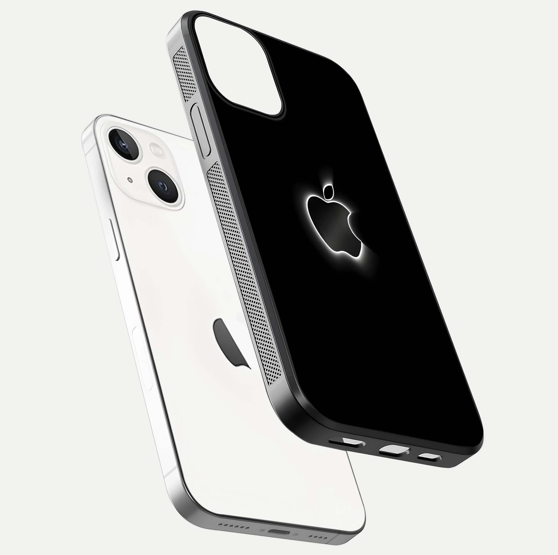 Neon Apple Glow Glass Case for iPhone 13 floating dual-view mockup showing HD shine and modern look