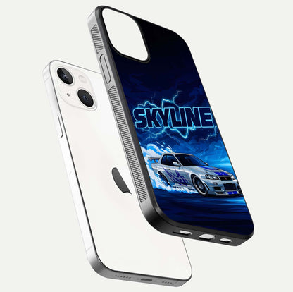 Neon Drift Beast Glass Case for iPhone 13 floating dual-view mockup showing gloss texture and motion glow