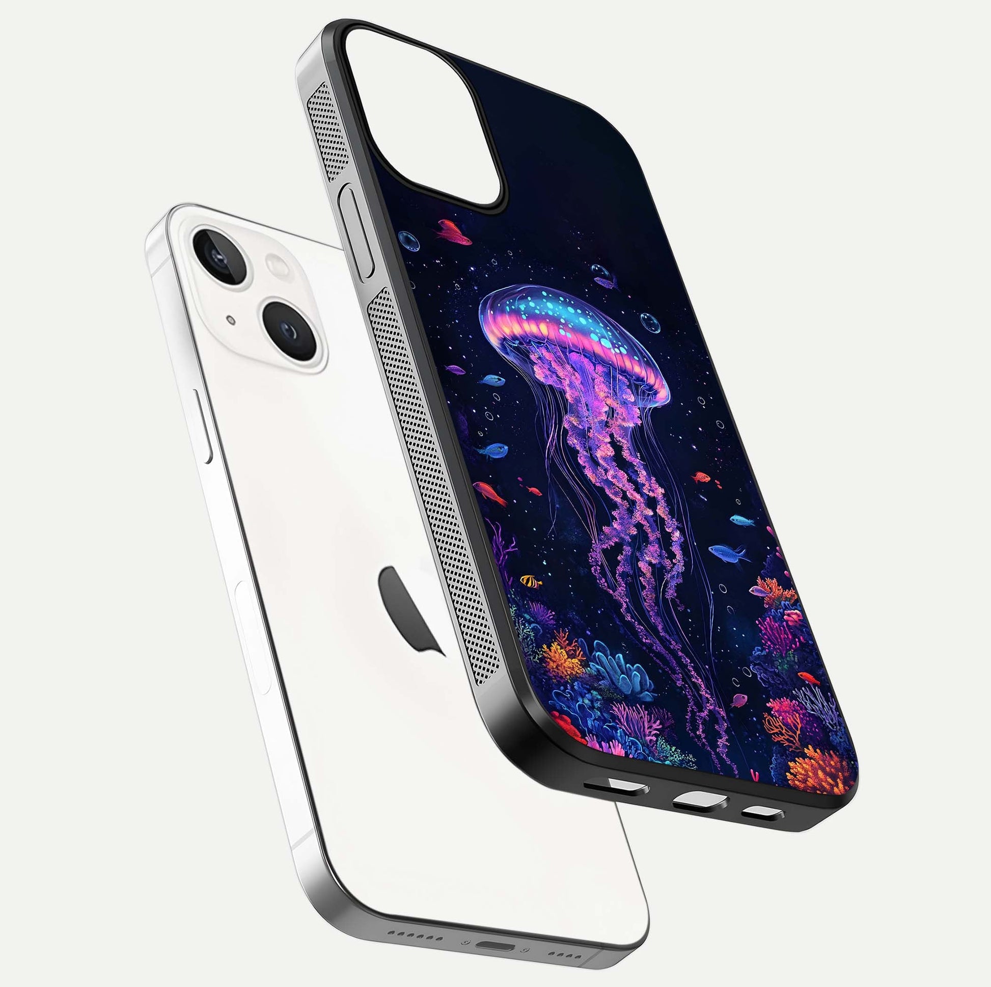 Neon Jellyfish Glass Case for iPhone 13 floating dual-view mockup showing gloss texture and underwater glow