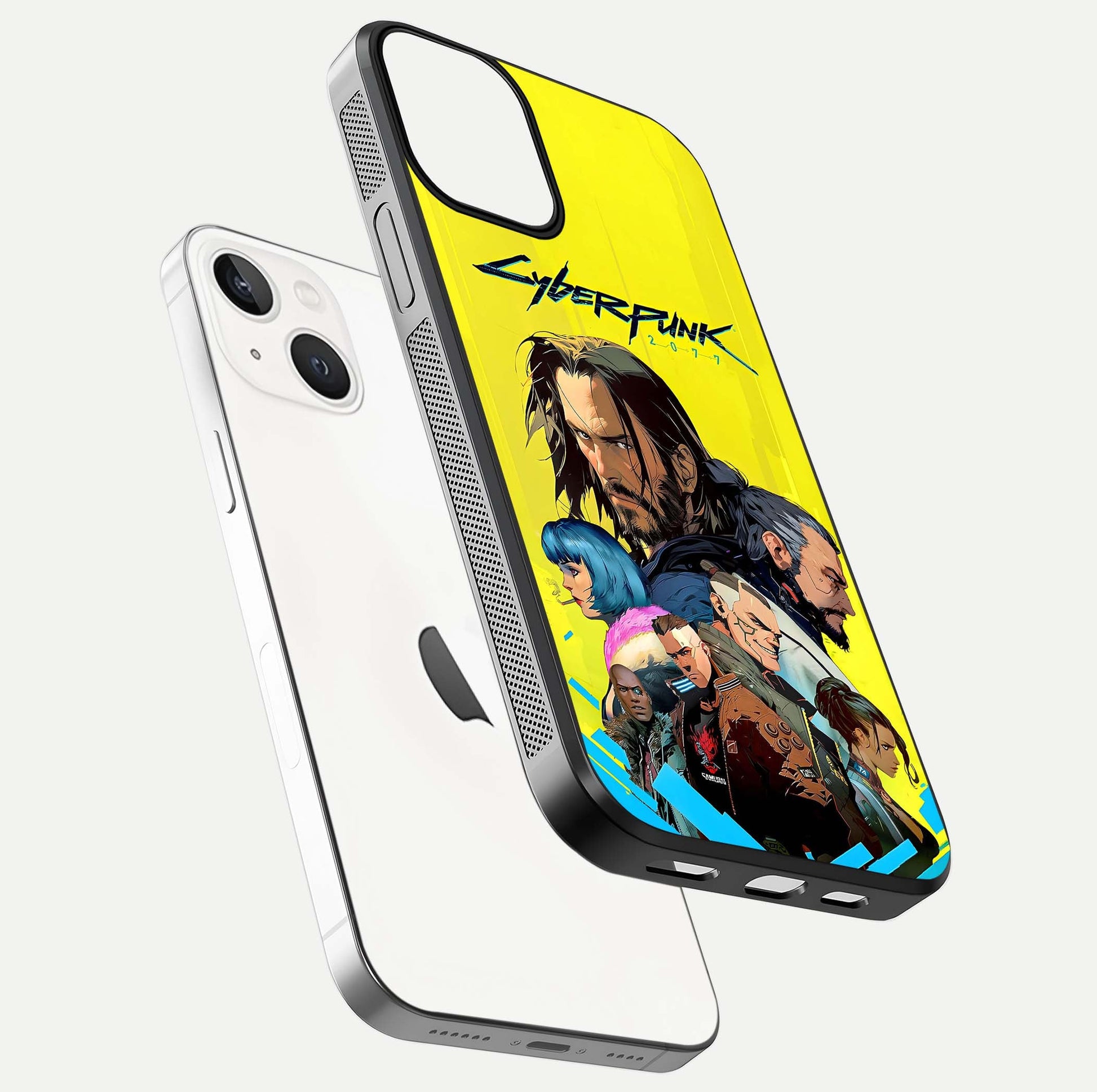 Neon Rebel Genesis Glass Case for iPhone 13 floating dual-view mockup showing electric glow and depth