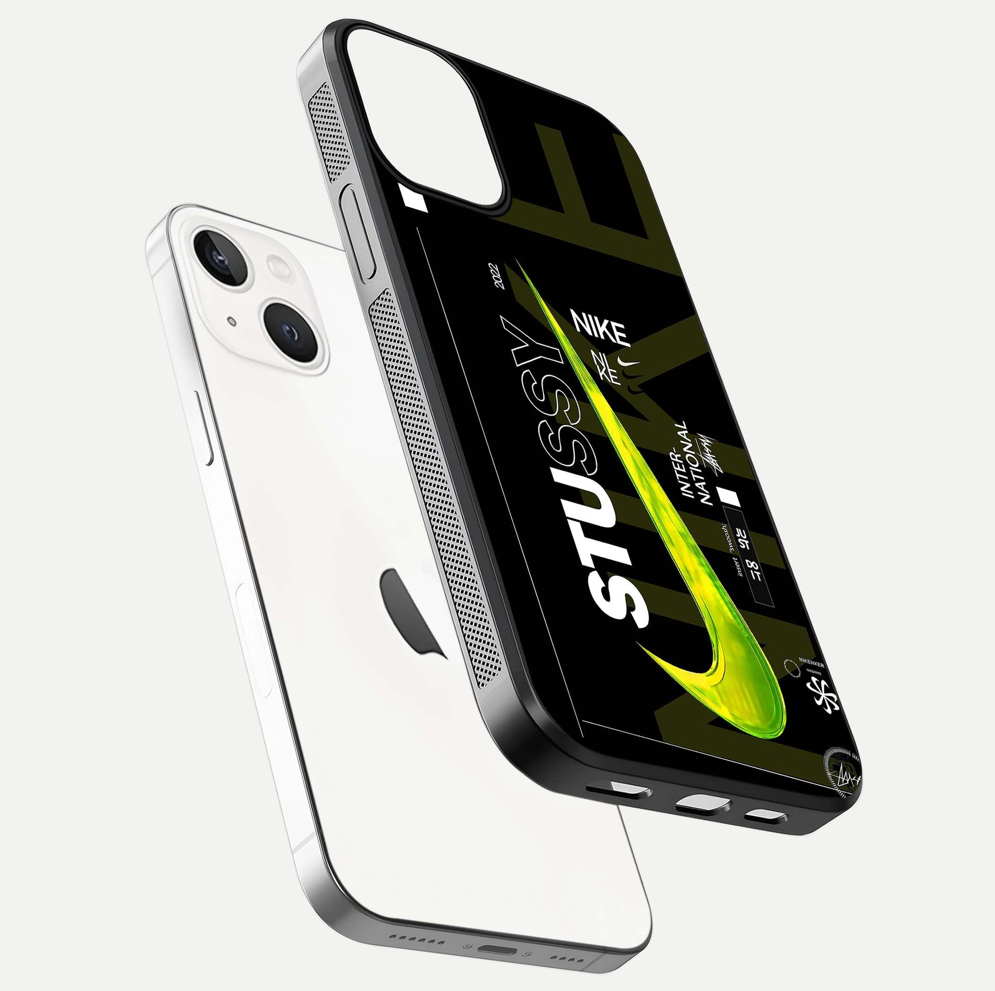 Neon Street Edition Glass Case for iPhone 13 floating dual-view mockup showing HD gloss and neon glow