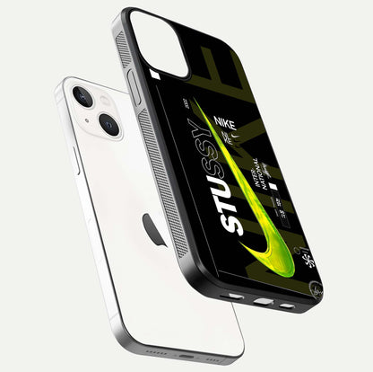 Neon Street Edition Glass Case for iPhone 13 floating dual-view mockup showing HD gloss and neon glow