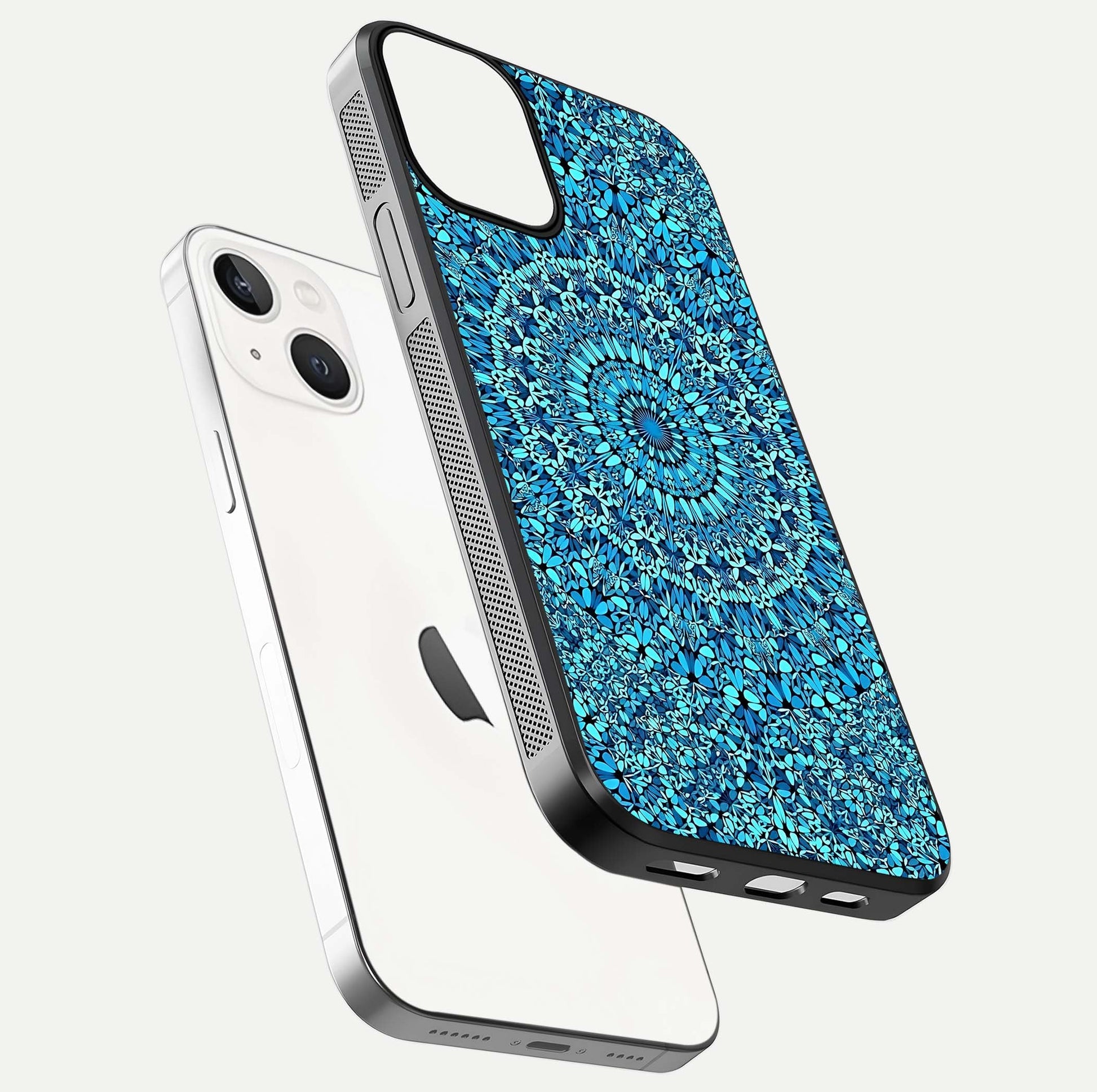 Ocean Bloom Mandala Glass Case for iPhone 13 floating dual-view mockup showing gloss texture and print depth