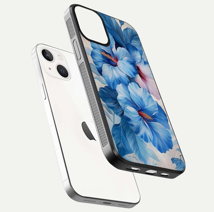 Ocean Hibiscus Grace Glass Case for iPhone 13 floating dual-view mockup showing gloss reflection and print clarity