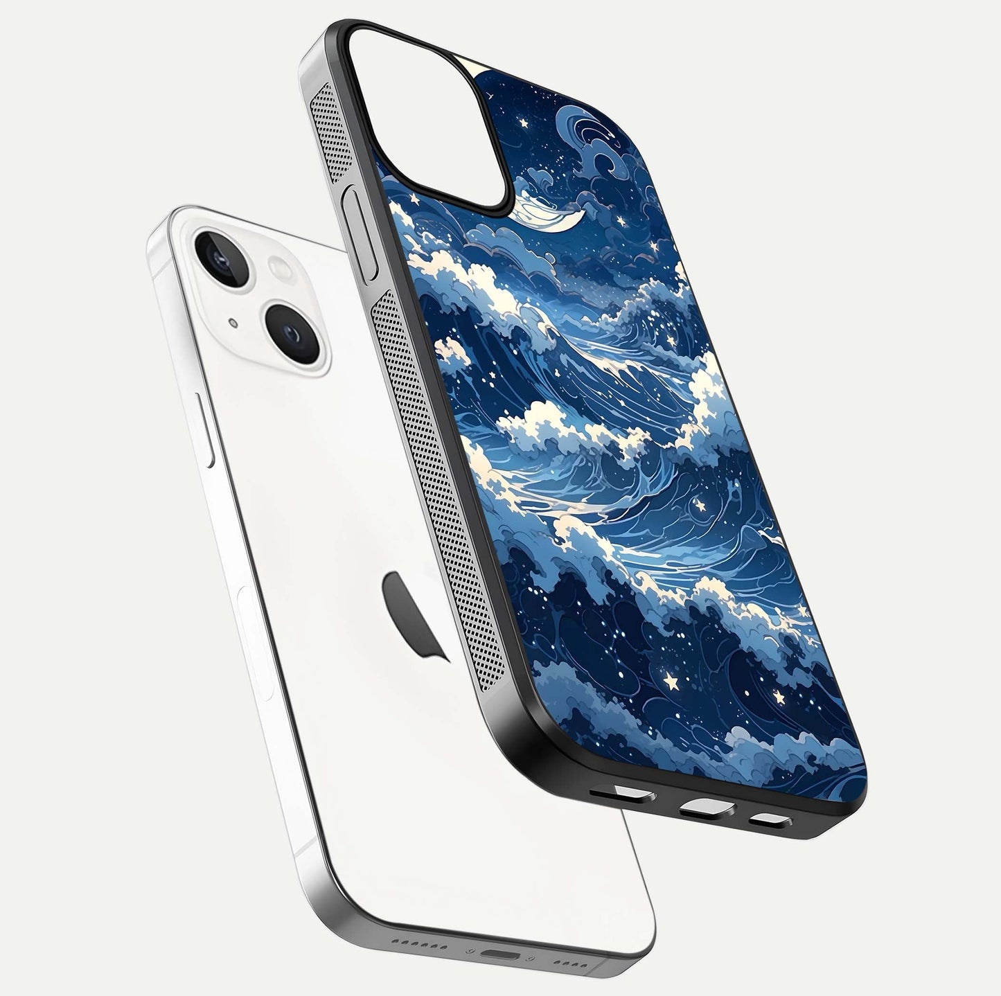 Ocean Moon Waves Glass Case for iPhone 13 floating dual-view mockup showing gloss texture and moon glow