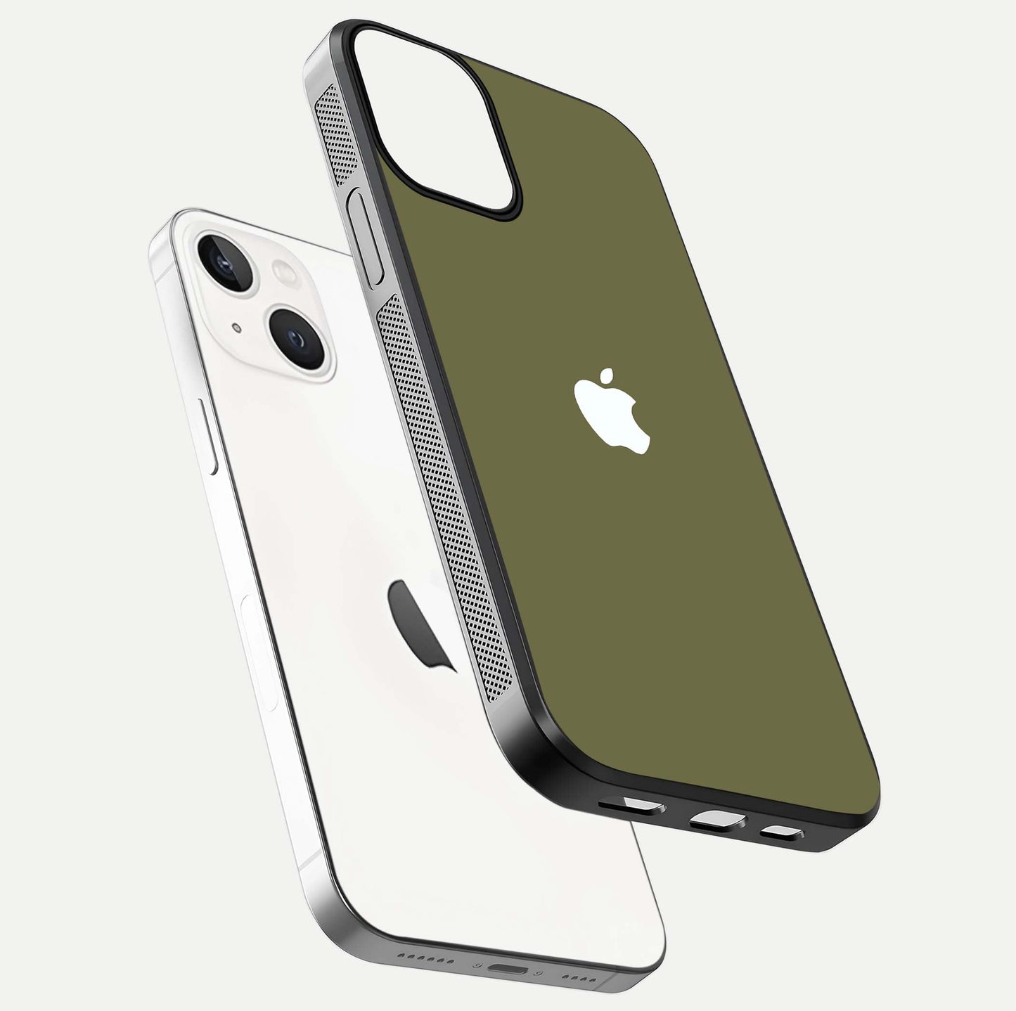 Olive Matte Essence Glass Case for iPhone 13 floating dual-view mockup showing matte gloss and depth