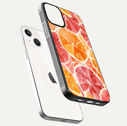 Orange Fruits Pattern Glass Case for iPhone 13 floating dual-view mockup showing gloss reflection and HD tone