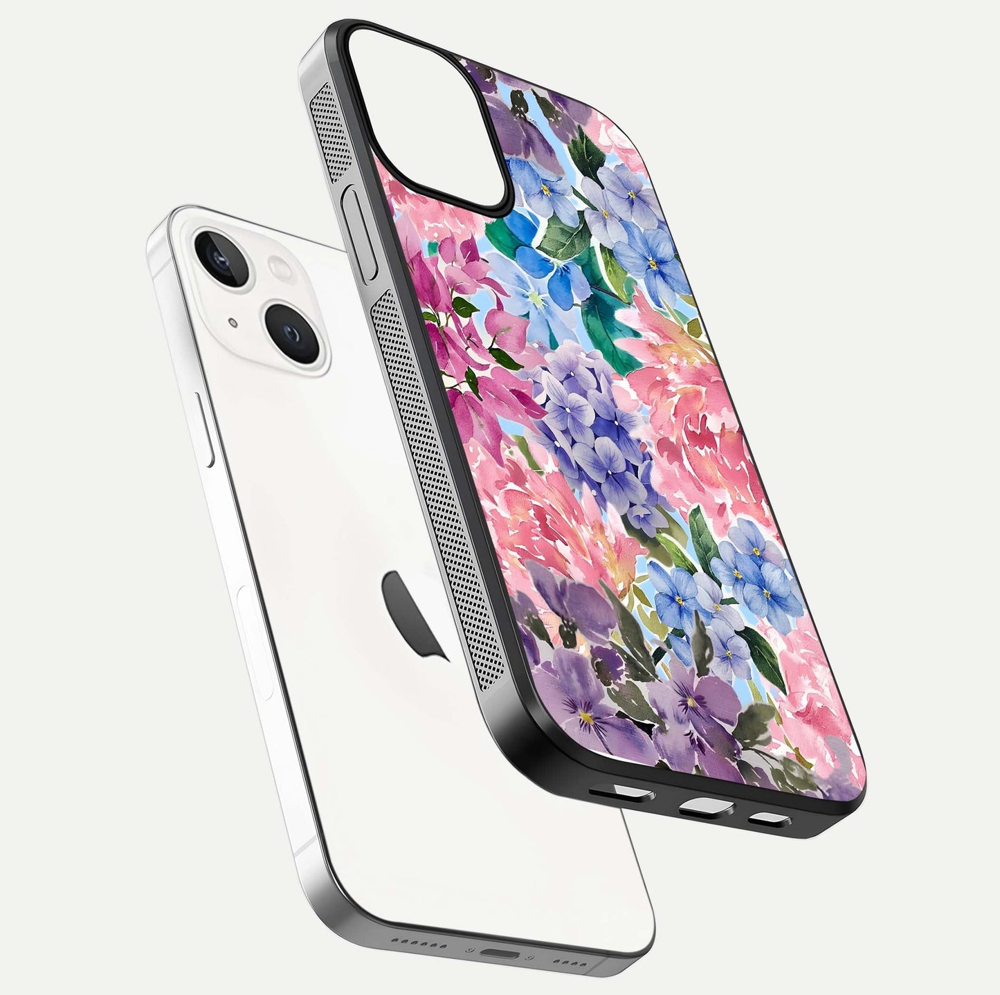 Pastel Floral Mix Glass Case for iPhone 13 floating dual-view mockup showing HD gloss and floral texture