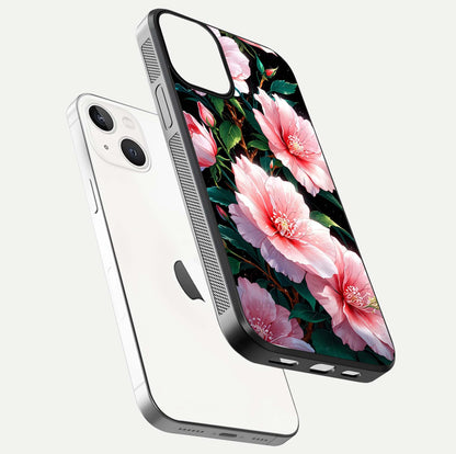 Peach Flower Glass Case for iPhone 13 floating dual-view mockup displaying shine and delicate flower art