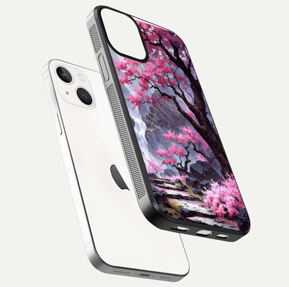 Pinkish Scenery Glass Case for iPhone 13 floating dual-view mockup displaying gloss shine and artistic tone
