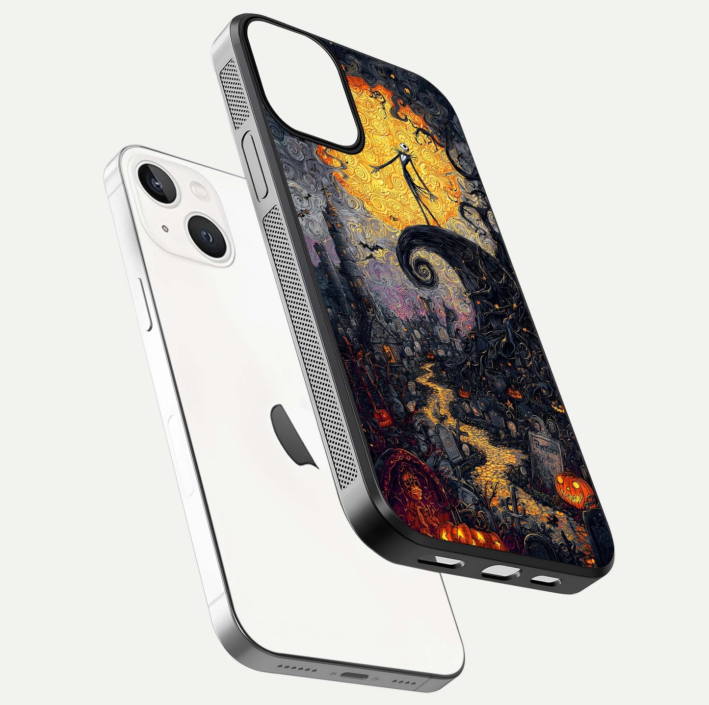 Pumpkin Moon Night Glass Case for iPhone 13 floating dual-view mockup showing HD gloss and spooky detail