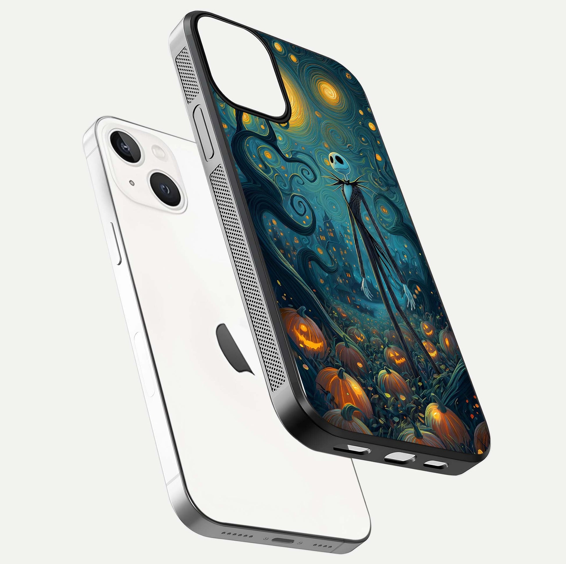 Pumpkin Moonlight Tale Glass Case for iPhone 13 floating dual-view mockup showing HD gloss and eerie design