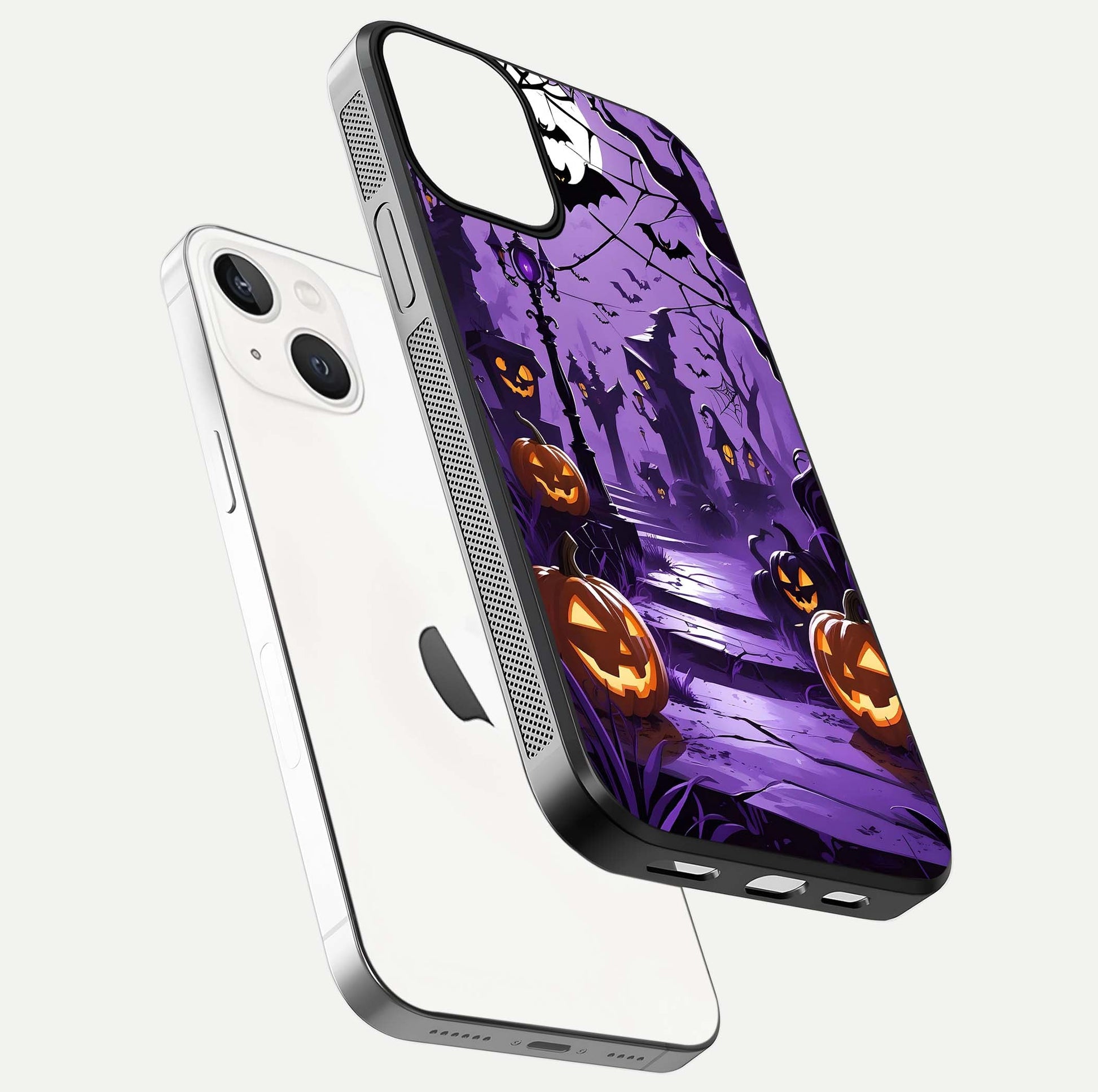 Pumpkin Patch Halloween Glass Case for iPhone 13 floating dual-view mockup displaying gloss and dark tone