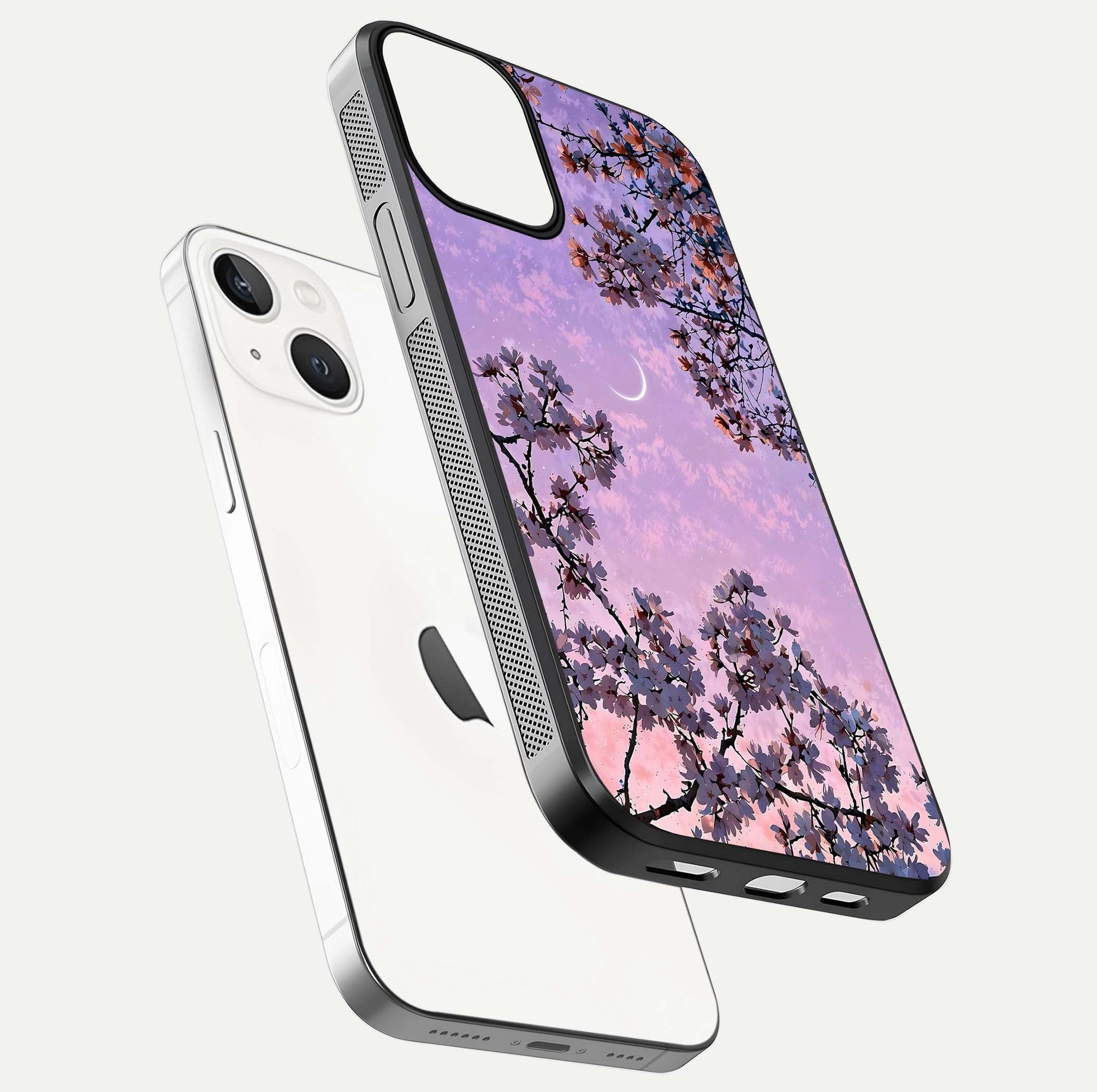 Purple Serenity Moon Glass Case for iPhone 13 floating dual-view mockup showing gloss and cosmic detail