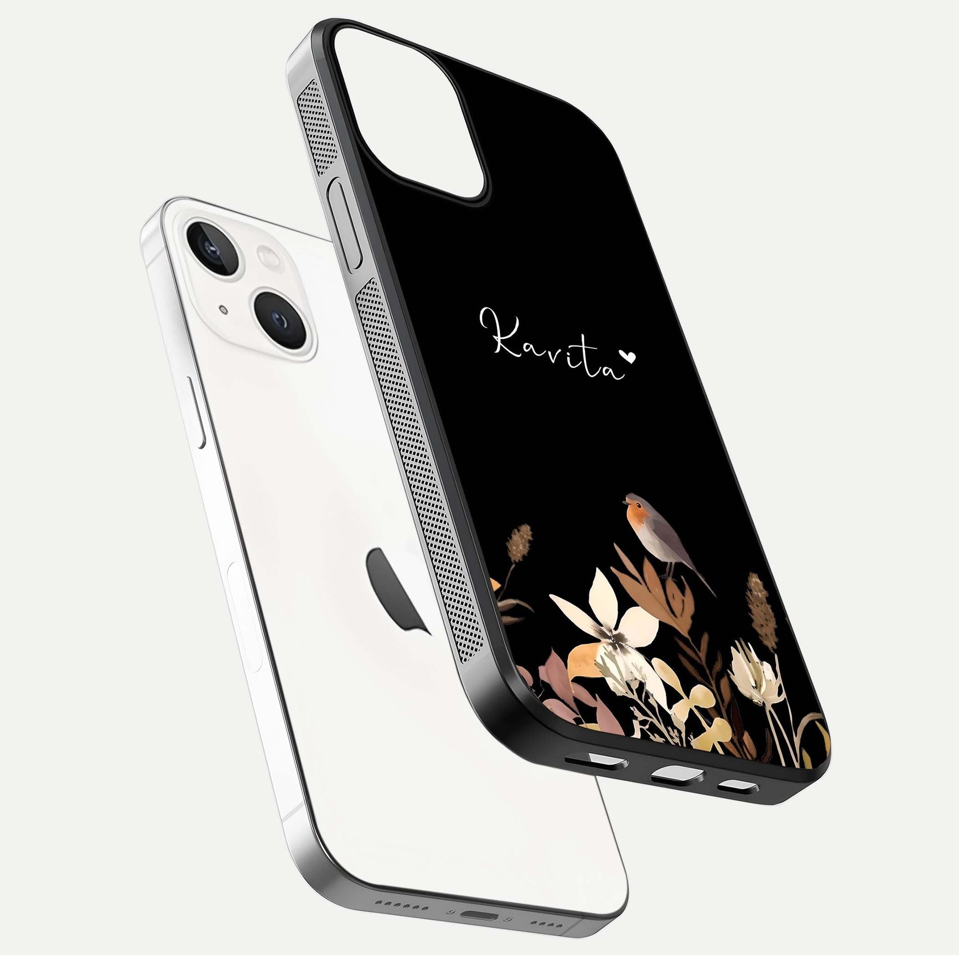 Quiet Garden Tune Custom Name Glass Case for iPhone 13 floating dual-view mockup showing gloss and elegant detail