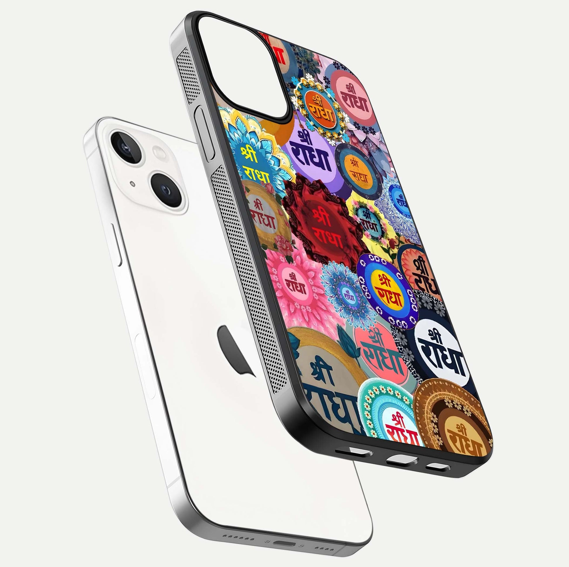 Radha Divine Bloom Glass Case for iPhone 13 floating dual-view mockup showing gloss depth and HD art