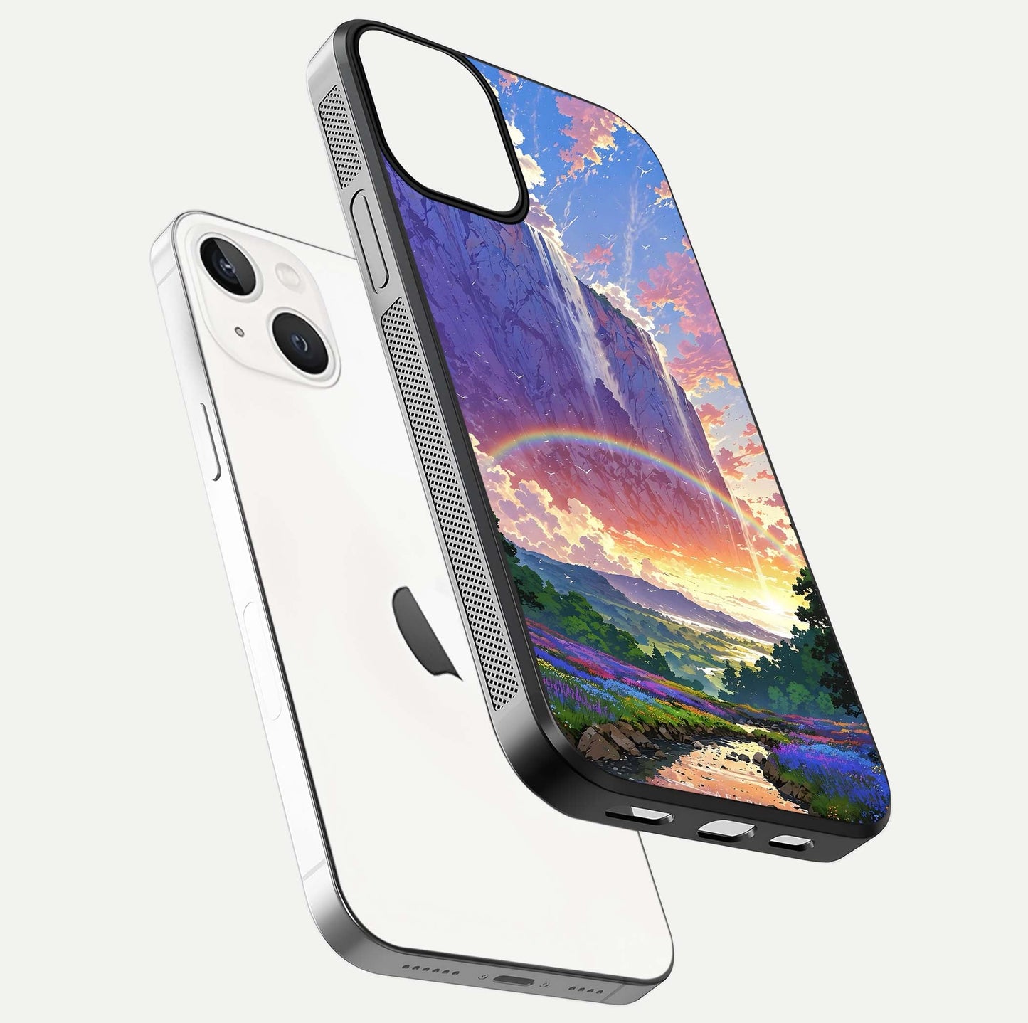 Rainbow Valley Dream Glass Case for iPhone 16 Pro floating dual-view mockup showing gloss texture and dream vibe