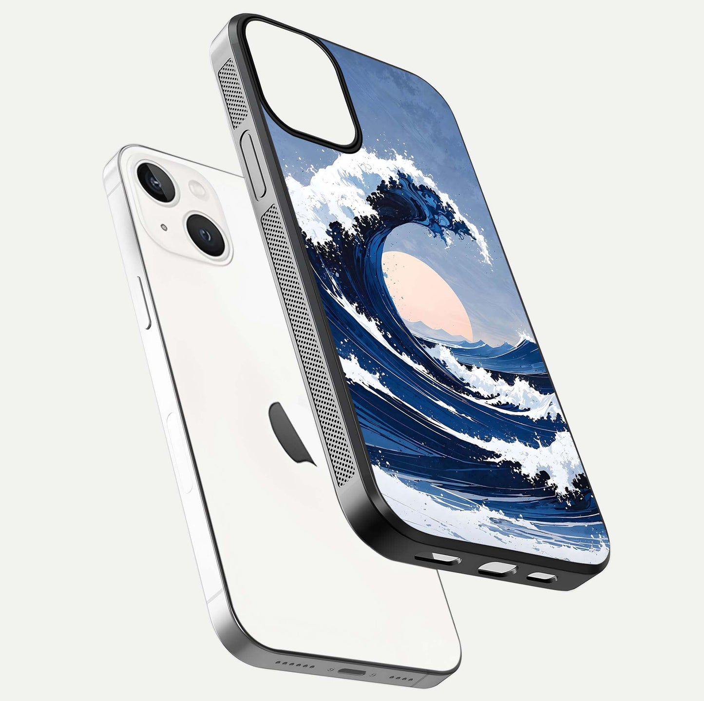 Rising Tide Power Glass Case for iPhone 13 floating dual-view mockup displaying gloss texture and flow pattern