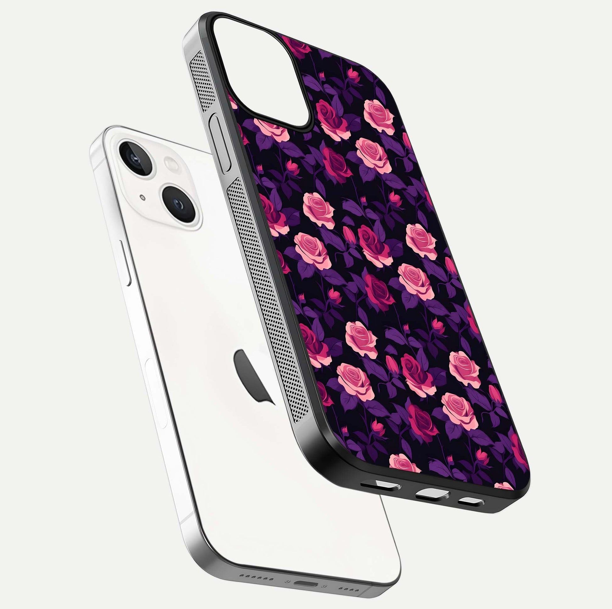 Rose Garden Twilight Glass Case for iPhone 13 floating dual-view mockup displaying gloss surface and depth