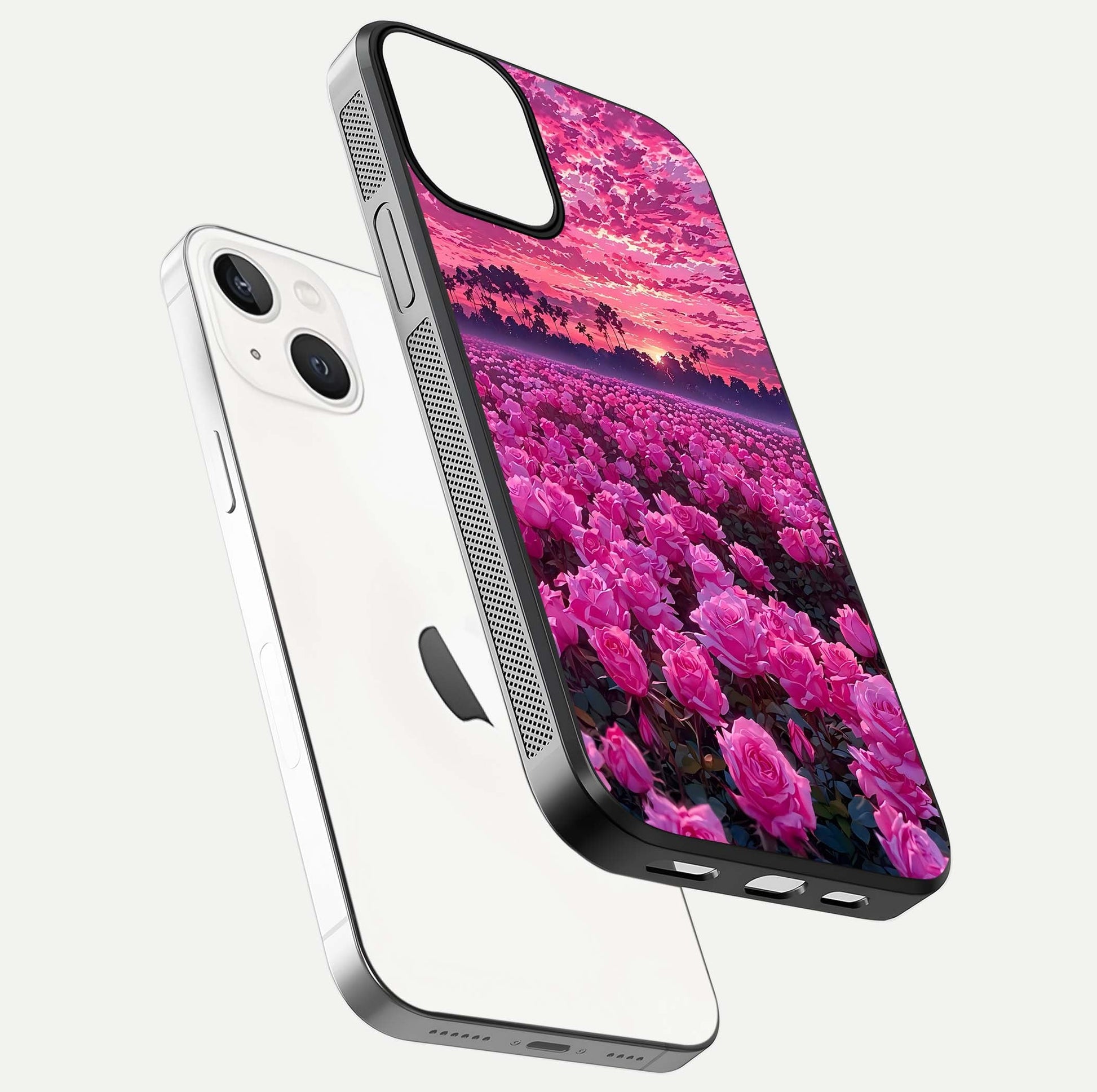 Rose Sunset Valley Glass Case for iPhone 13 floating dual-view mockup showing gloss reflection and art depth