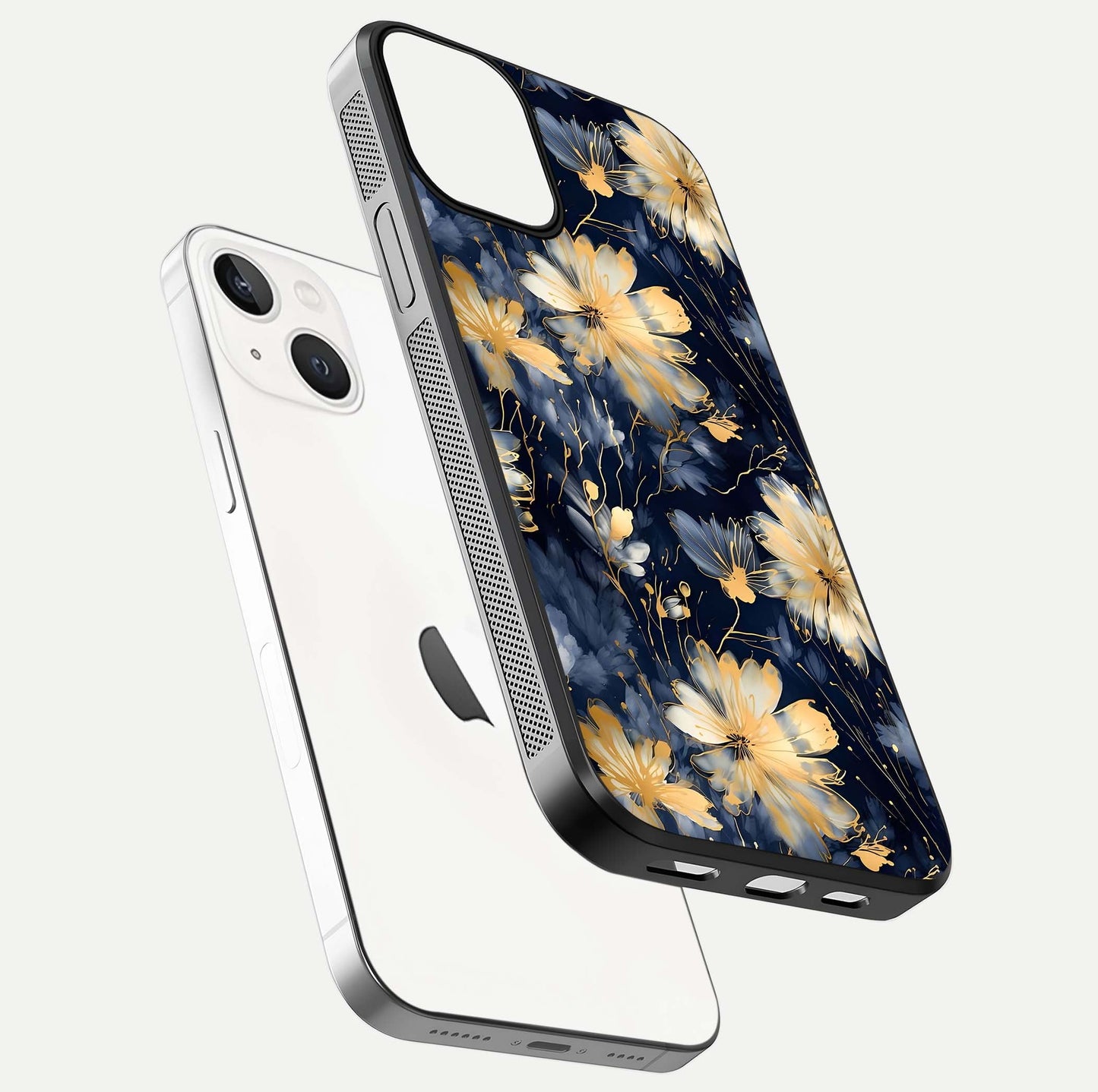 Royal Petal Dream Glass Case for iPhone 13 floating dual-view mockup displaying gloss reflection and tone contrast