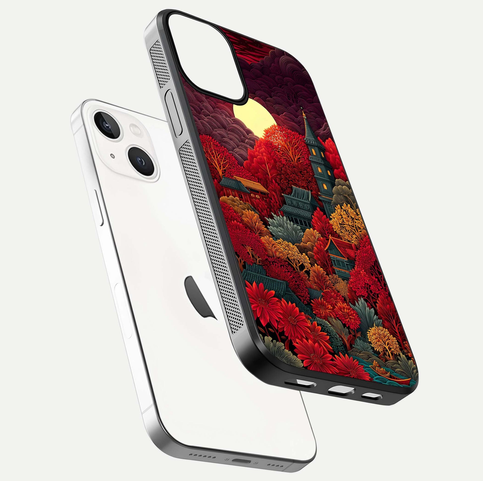 Scarlet Autumn Temple Glass Case for iPhone 13 floating dual-view mockup displaying gloss shine and autumn tones