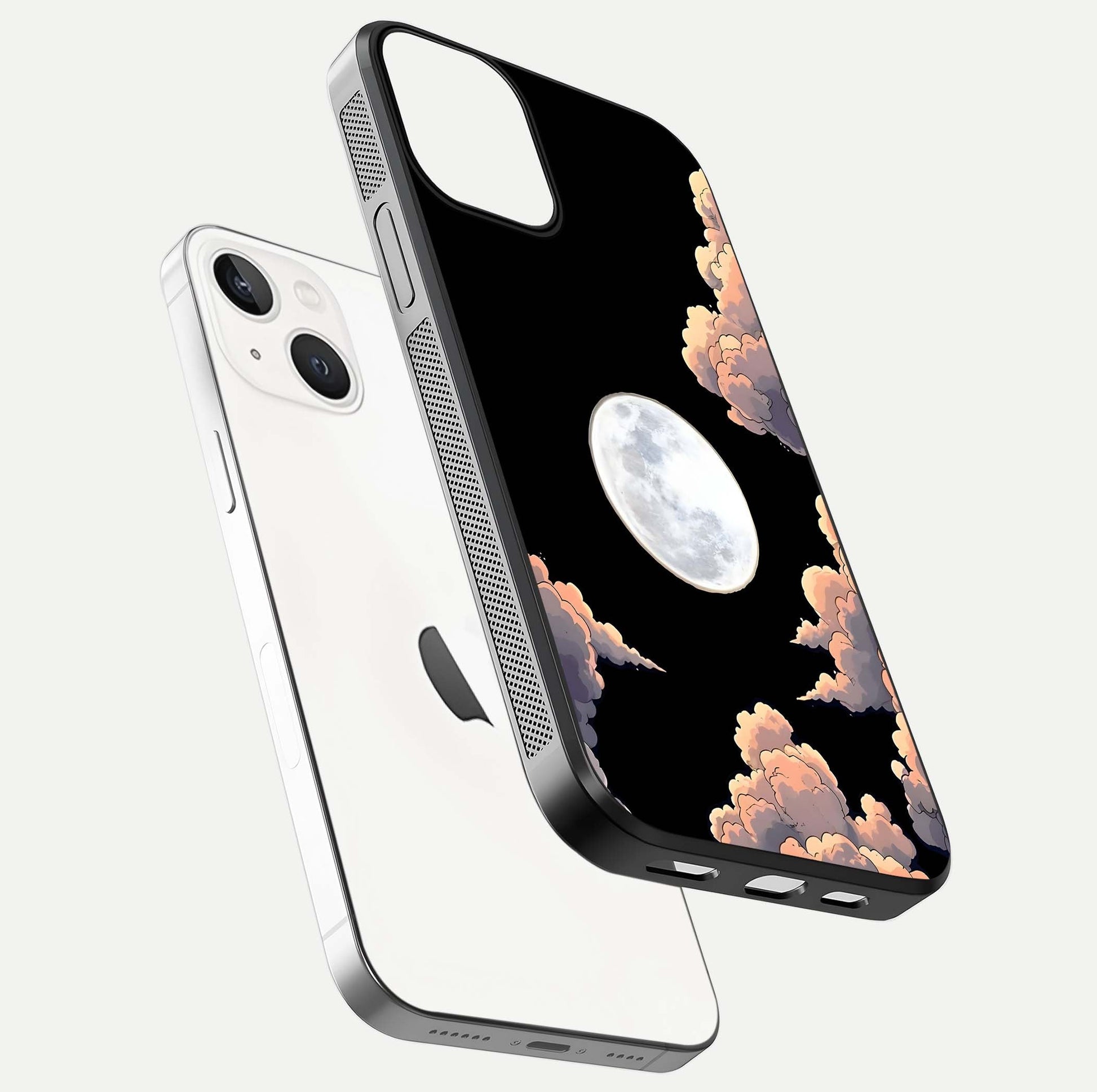 Shade Cloud Moon Glass Case for iPhone 13 floating dual-view mockup showing gloss and celestial texture