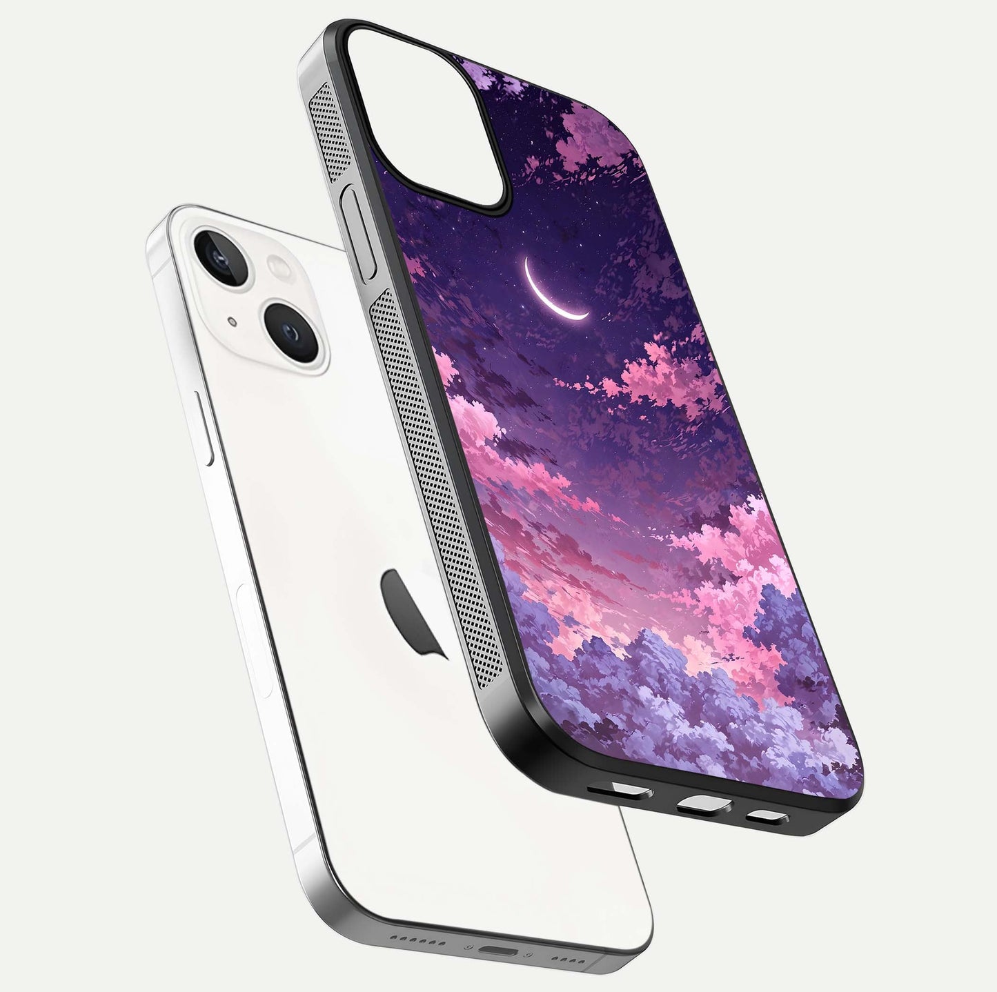 Sky Drift Clouds Glass Case for iPhone 13 floating dual-view mockup displaying gloss shine and depth