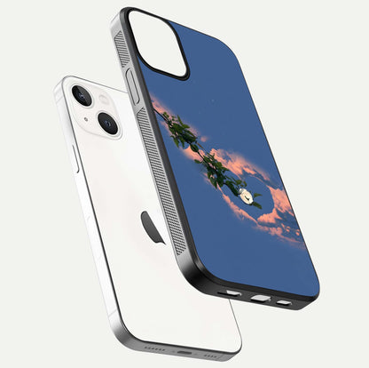 Sky Under Tree Glass Case for iPhone 13 floating dual-view mockup displaying gloss reflection and landscape tone