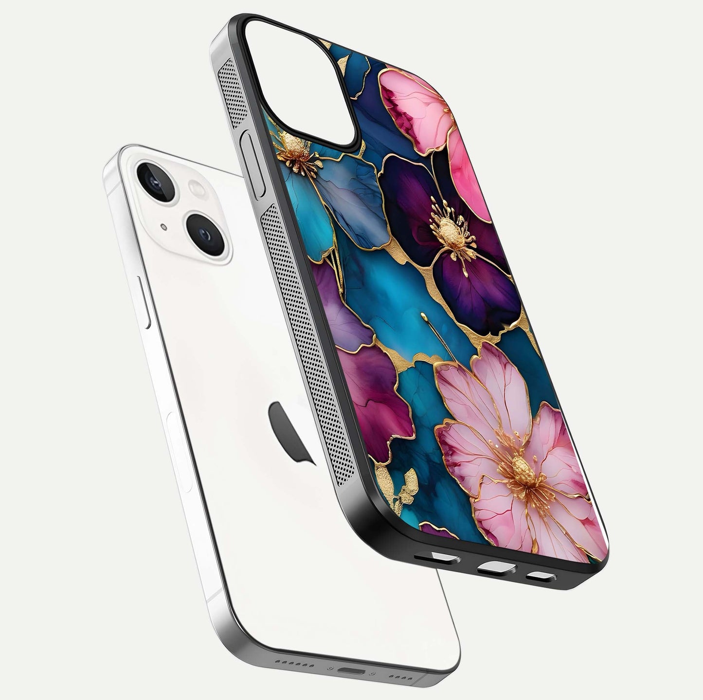 Sparkle Floral Glass Case for iPhone 13 floating dual-view mockup displaying gloss surface and sparkle effect