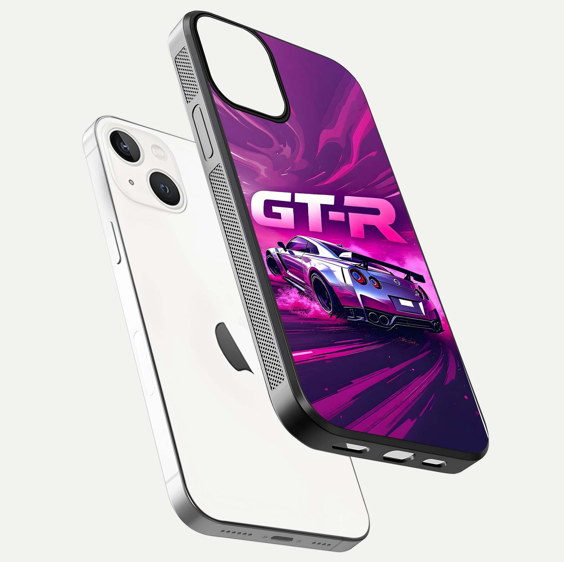 Speed Drift Legend Glass Case for iPhone 13 floating dual-view mockup displaying gloss shine and motion effect