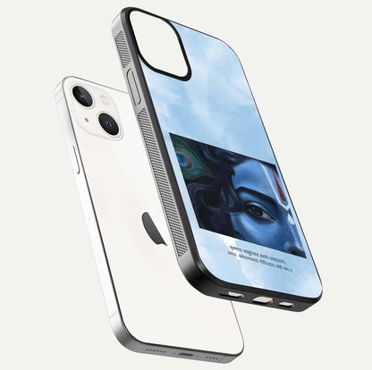 Spiritual Krishna Glass Case for iPhone 16 Pro floating dual-view mockup displaying gloss shine and divine detail