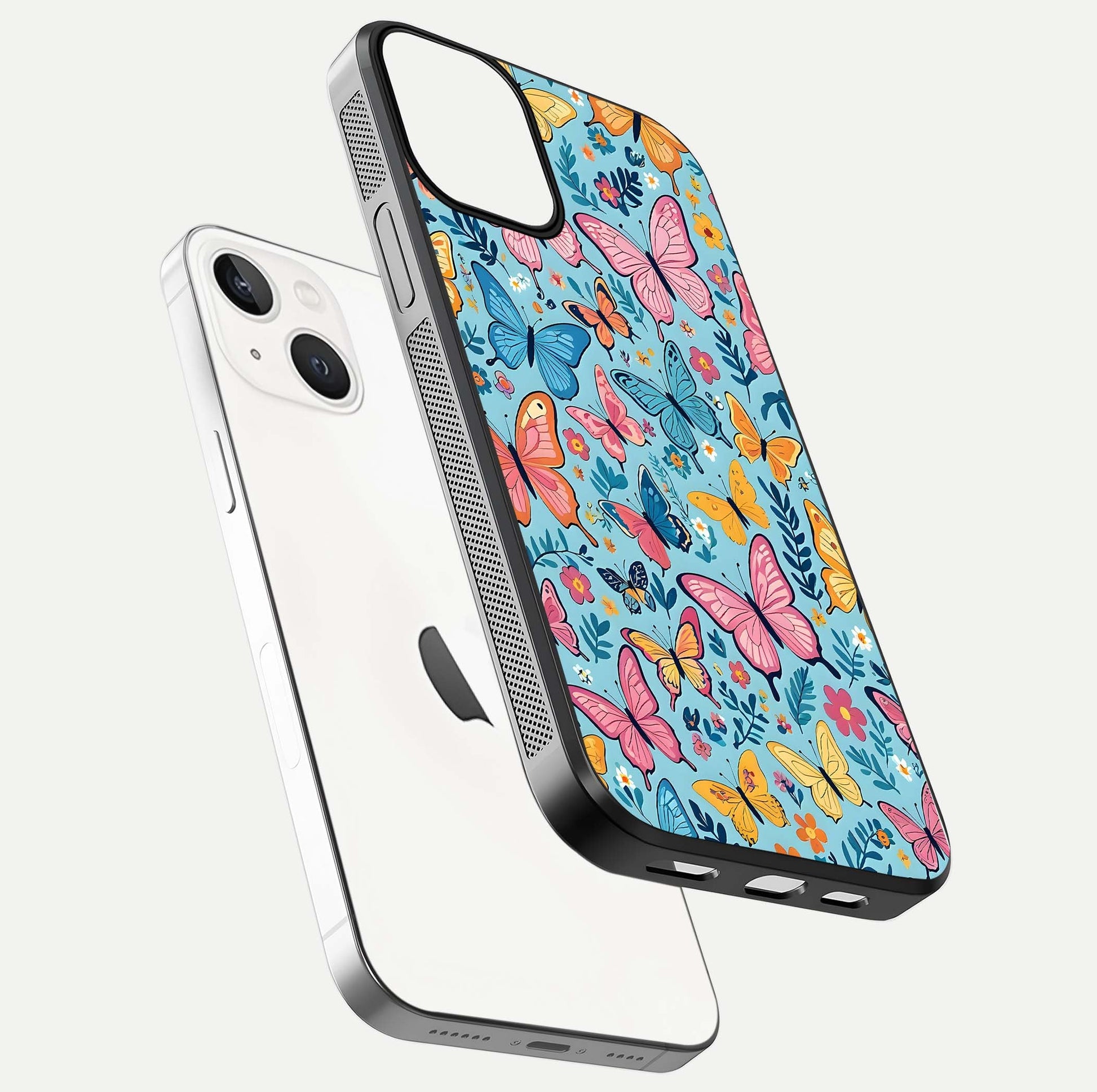 Spring Wing Garden Glass Case for iPhone 13 floating dual-view mockup showing gloss texture and vivid print