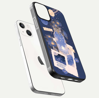 Starlit Cosmic Jar Glass Case for iPhone 13 floating dual-view mockup displaying gloss and starry depth