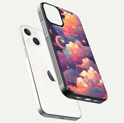 Starlit Dream Clouds Glass Case for iPhone 13 floating dual-view mockup displaying gloss and soft light detail