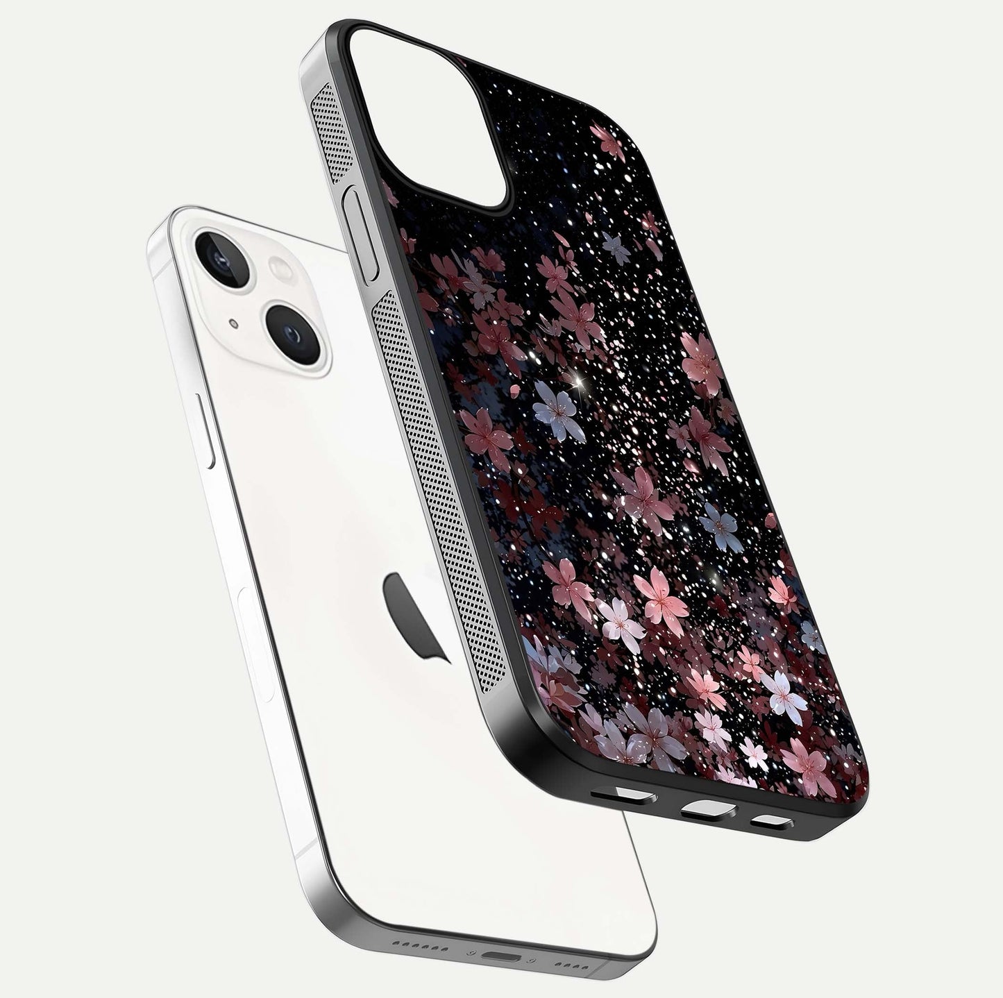 Starlit Flower Dreams Glass Case for iPhone 13 floating dual-view mockup displaying gloss and print clarity